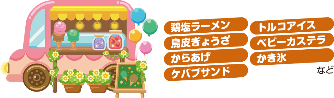 キッチンカー出店　鳥塩ラーメン トルコアイス 鳥皮ぎょうざ ベビーカステラ からあげ かき氷 ケバブサンド など