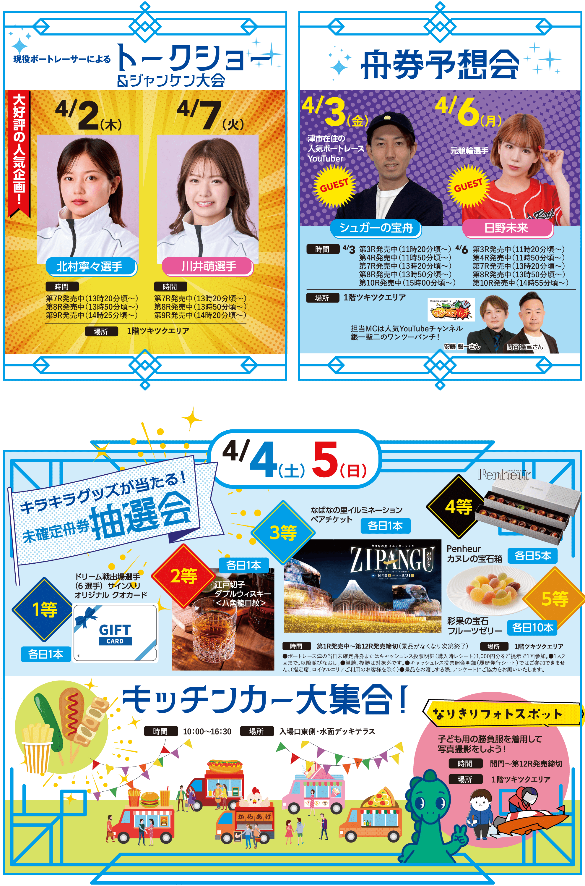 4/2〜4/7に開催される、ボートレーサーによるトークショー、舟券予想会、豪華賞品が当たる抽選会、キッチンカー、フォトスポットなどのイベント総合案内。