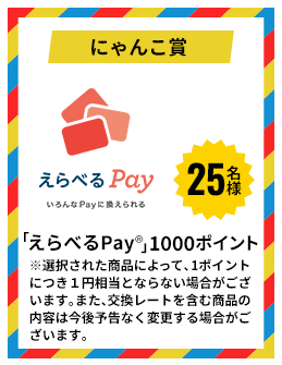 にゃんこ賞 「えらべるPay&reg;️」1000ポイント 25名様