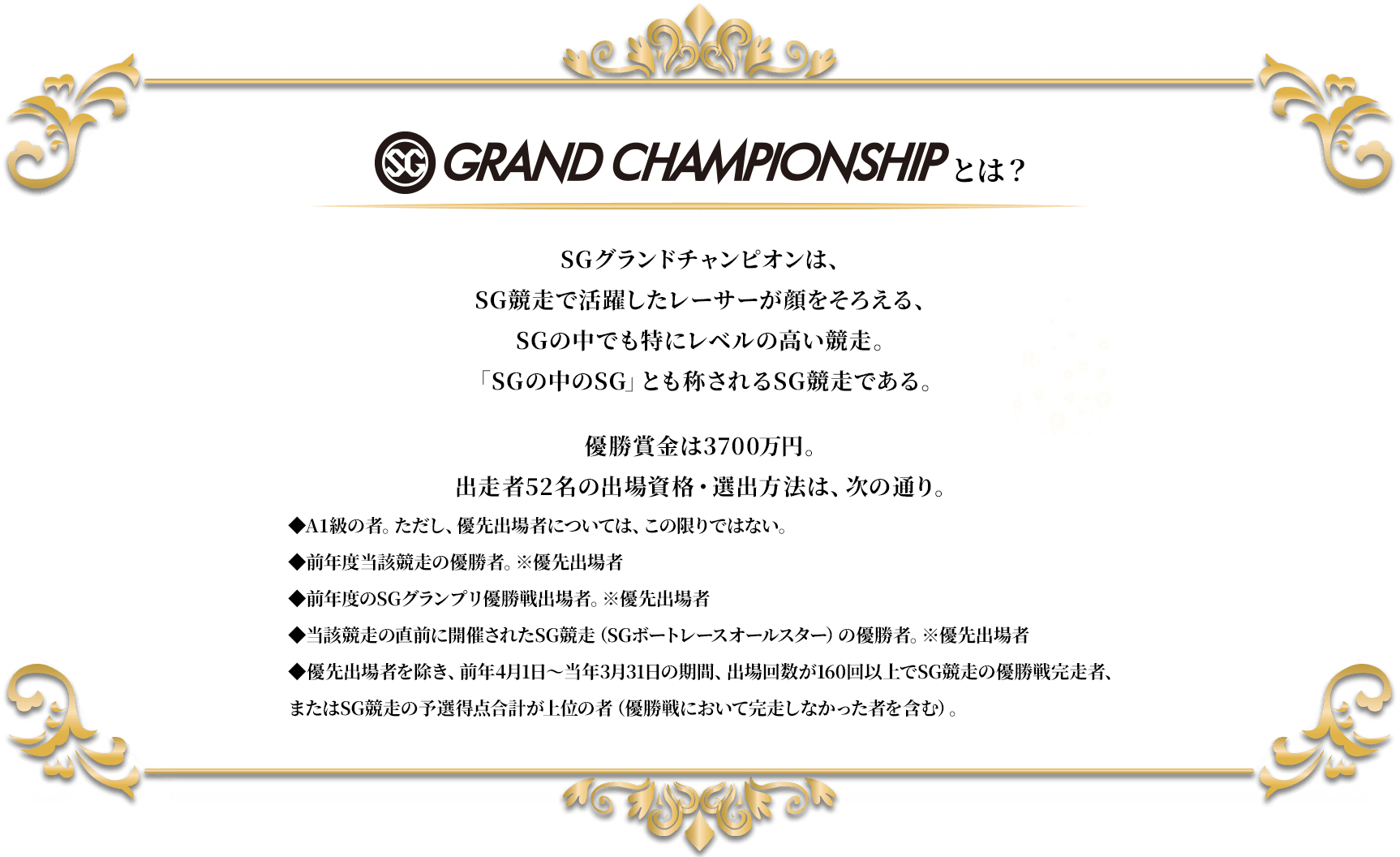 SG GRAND CHAMPIONSHIPとは？ SGグランドチャンピオンは、SG競走で活躍したレーサーが顔をそろえる、SGの中でも特にレベルの高い競走。「SGの中のSG」とも称されるSG競走である。優勝賞金は3700万円。出走者52名の出場資格・選出方法は、次の通り。◆A1級の者。ただし、優先出場者については、この限りではない。◆前年度当該競走の優勝者。※優先出場者◆前年度のSGグランプリ優勝戦出場者。※優先出場者◆当該競走の直前に開催されたSG競走（SGボートレースオールスター）の優勝者。※優先出場者◆優先出場者を除き、前年4月1日～当年3月31日の期間、出場回数が160回以上でSG競走の優勝戦完走者、またはSG競走の予選得点合計が上位の者（優勝戦において完走しなかった者を含む）。