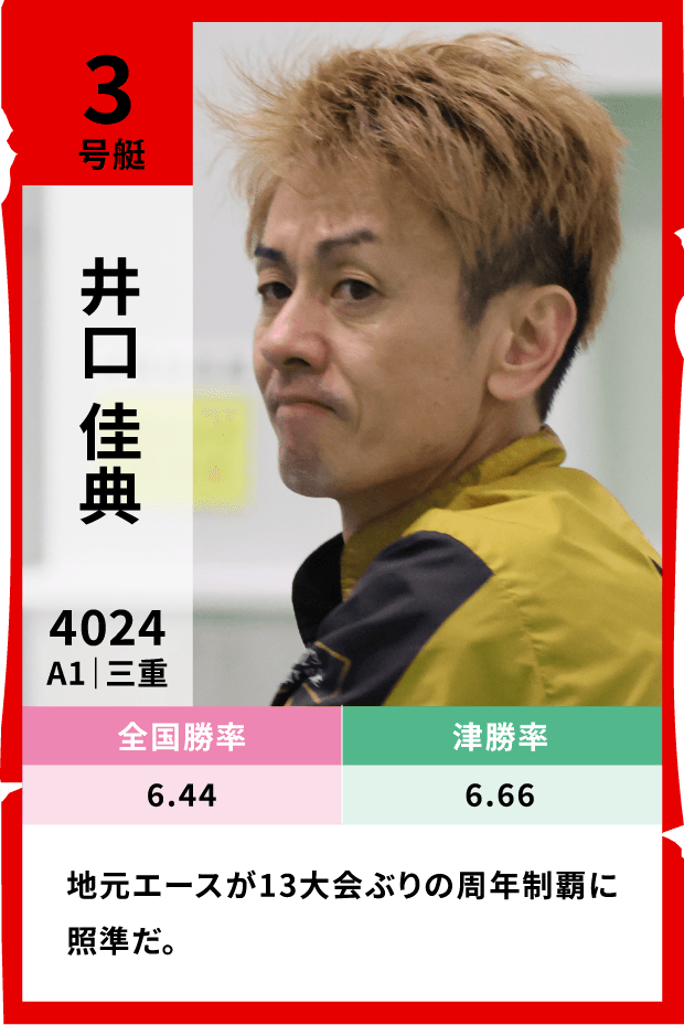 3号艇 井口佳典（登録番号4024・A1・三重）全国勝率6.44 津勝率6.66